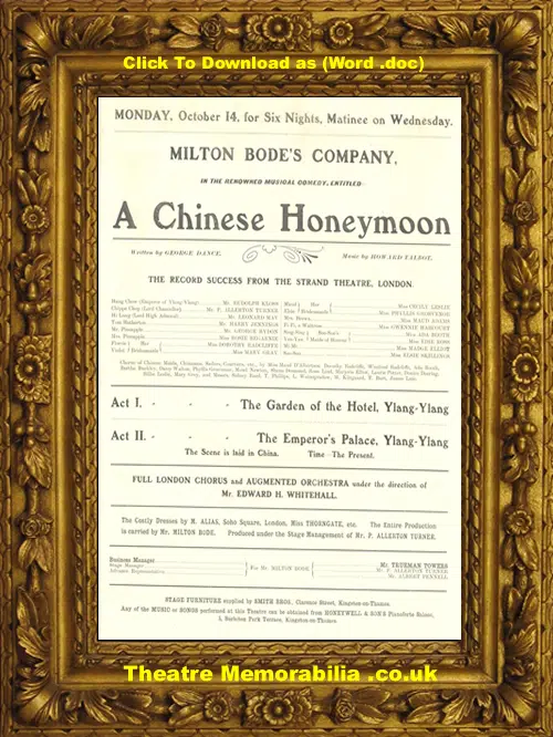 London Royal County Theatre - A Chinese Honeymoon - 1907