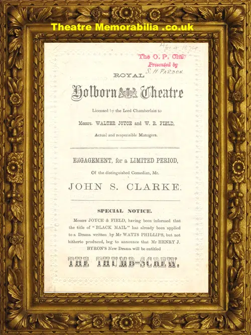 London Royal Holborn Theatre - The Thumb Screw - 1874