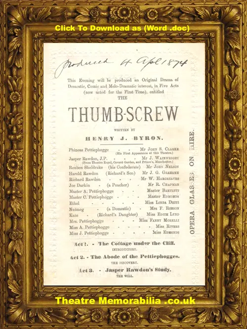 London Royal Holborn Theatre - The Thumb Screw - 1874