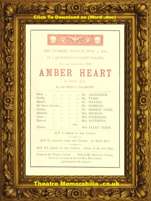 London Royal Lyceum Theatre - Amber Heart - 1888
