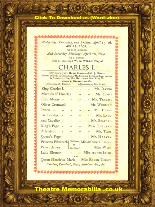London Royal Lyceum Theatre - Charles 1 - 1891
