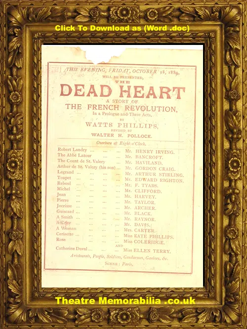 London Royal Lyceum Theatre - Dead Heart - 1889