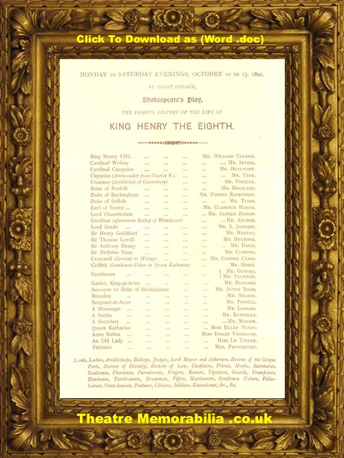 London Royal Lyceum Theatre - King Henry The Eighth - 1892