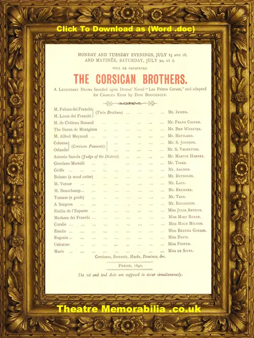 London Royal Lyceum Theatre - The Corsican Brothers 1895
