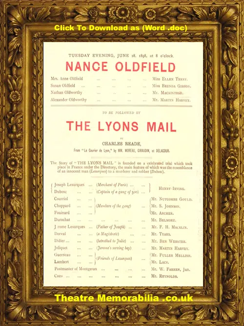 London Royal Lyceum Theatre - The Lyons Mail - 1898