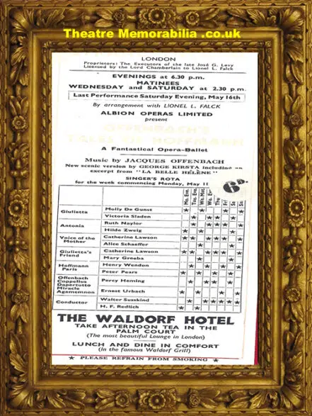 London Strand Theatre – Offenbach Tales Of Hoffmann Opera – 1942