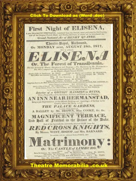 London Theatre Royal Richmond – Elisena – 1817