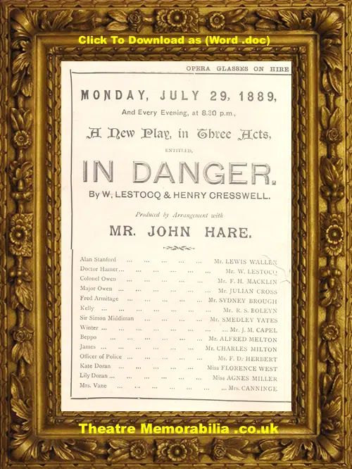 London Vaudeville Theatre - In Danger - 1889