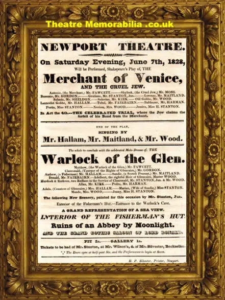 Newport Theatre – Merchant Of Venice – 1828 – RARE