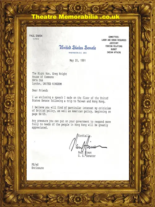 Paul Simon Autograph American Senator Signed Letter 1991