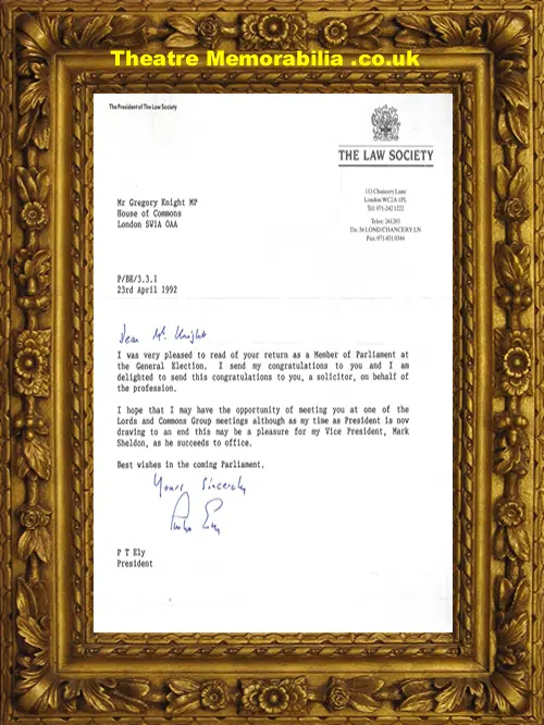Peter Ely Autograph President The Law Society Signed Letter 1992