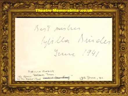 Sybilla Binder Autograph 1941 Golders Green Theatre