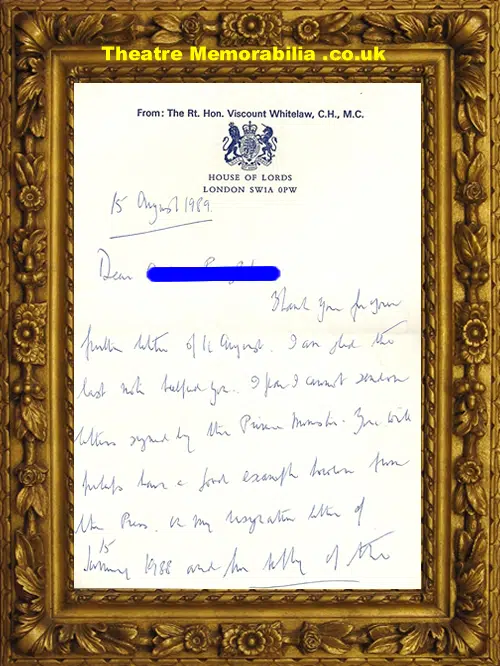 Willie Whitelaw Signed Letter 1989