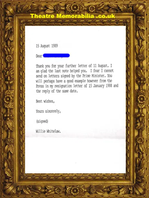Willie Whitelaw Signed Letter 1989