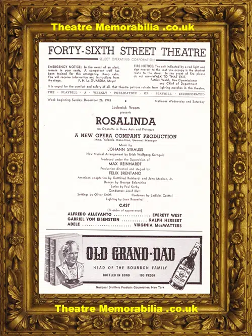 America New York Forty-Sixth Street Theatre - Rosalinda - 1943