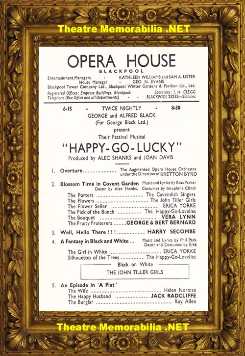Blackpool Opera House Theatre - Happy Go Lucky - 1951 Vera Lynn