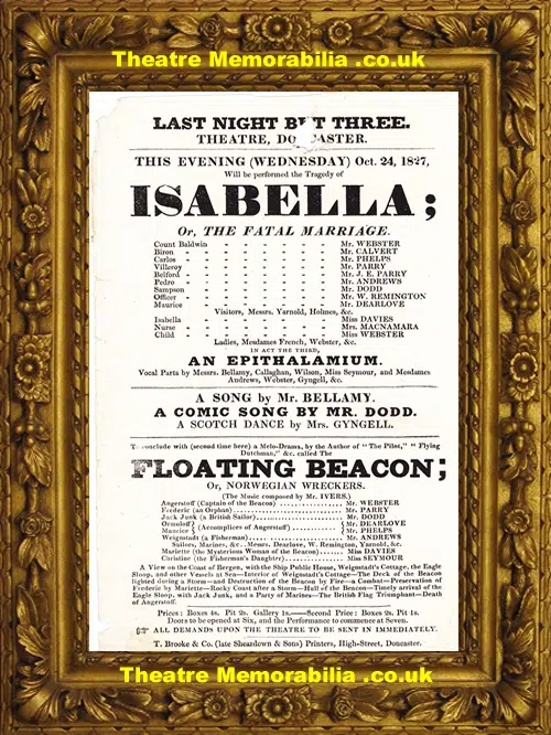 Doncaster Theatre - Isabella - 1827 - Playbill Poster