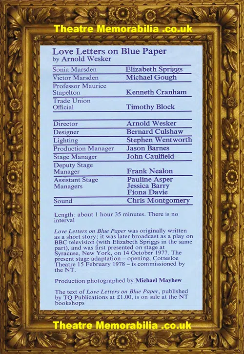 London Cottesloe Theatre - Love Letters On Blue Paper - 1978