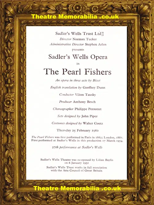London Sadler's Wells Theatre - The Pearl Fishers - 1960