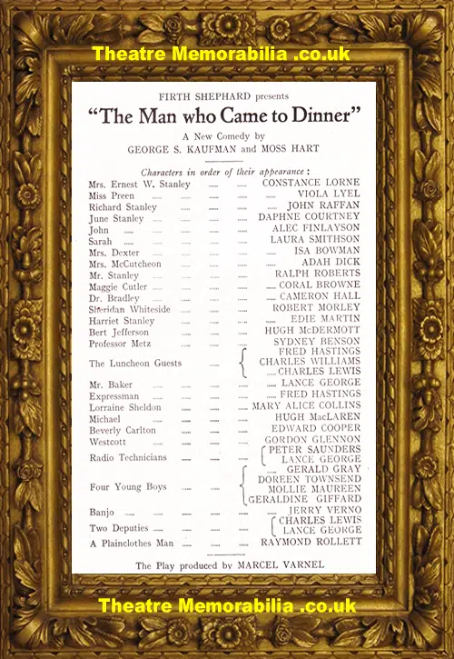 London Savoy Theatre - The Man Who Came To Dinner - 1941