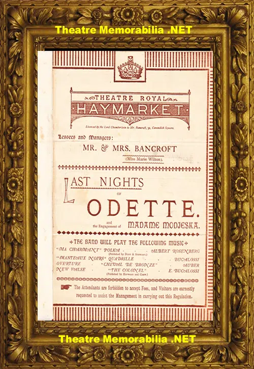 London Theatre Royal Haymarket - Last Nights Of Odette - 1882