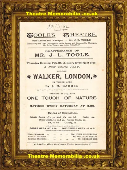 London Toole’s Theatre – One Touch Of Nature – 1892
