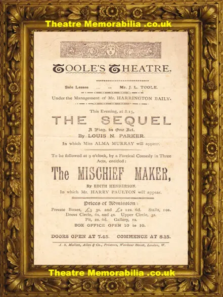 London Toole’s Theatre – The Mischief Maker – 1892