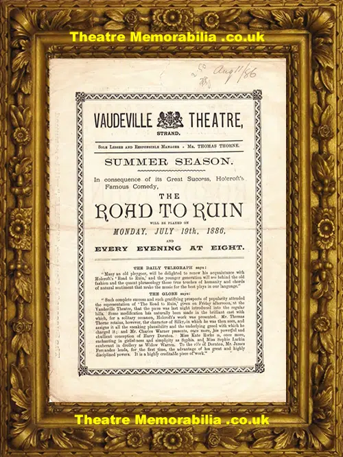 London Vaudeville Theatre - The Road To Ruin - 1886