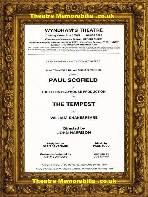 London Wyndhams Theatre - The Tempest - 1975 - Paul Scofield