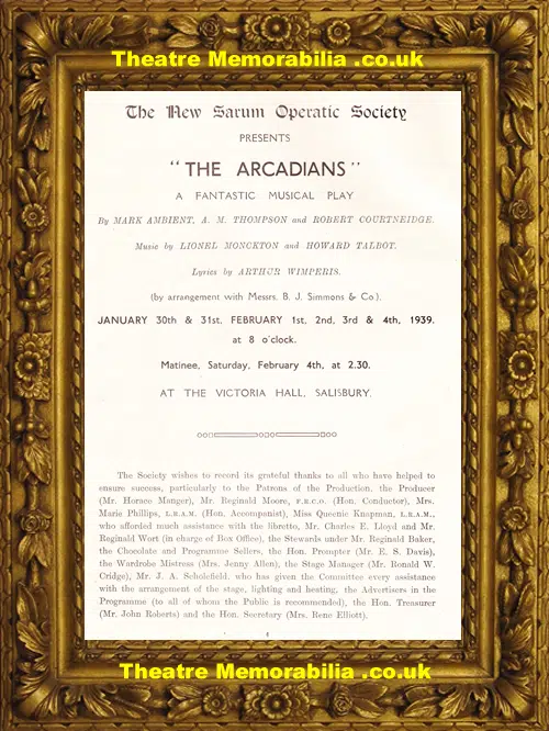 Salisbury New Sarum Theatre - The Arcadians - 1939 - Signed