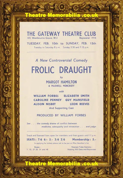 Gateway Theatre Club Frolic Draught - Theatre Flyer Leaflet 1950's