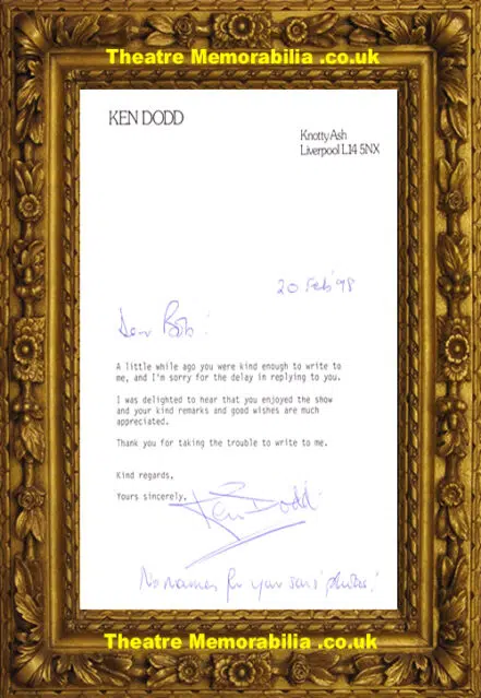 Ken Dodd Original Letter Knotty Ash Signed Autograph