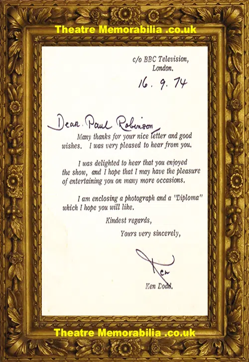 Ken Dodd Signed Memorabilia Photograph Diploma + BBC Letter 1974