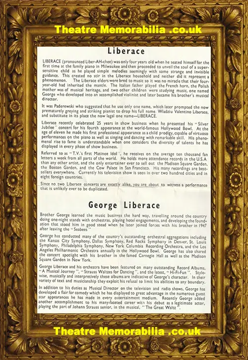 Liberace - Concert Tour Programme 1956 inc George Liberace