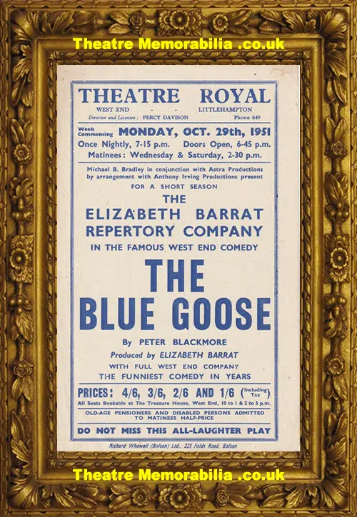 Littlehampton Theatre Royal The Blue Goose - Theatre Flyer Leaflet 1951