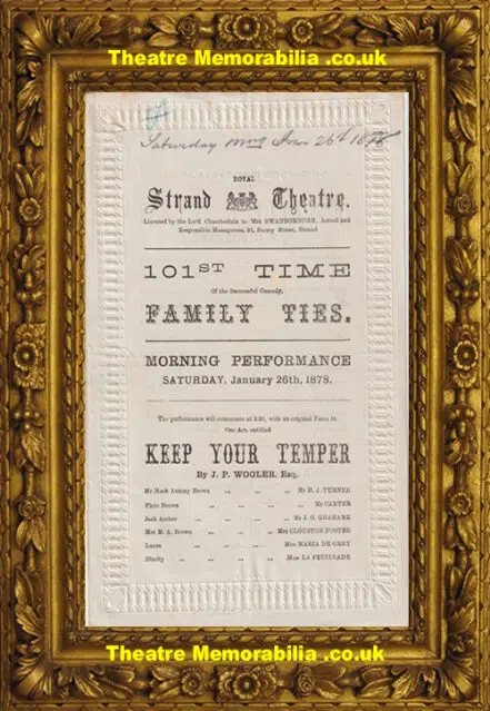 London Strand Theatre – Keep Your Temper + Family Ties – 1878