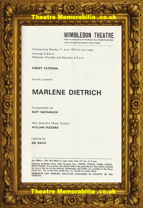 Wimbledon Theatre - Marlene Ditrich Concert Programme 1973