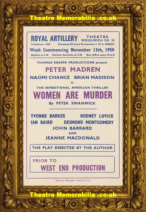 Woolwich Theatre Women Are Murder - Theatre Flyer Leaflet 1950